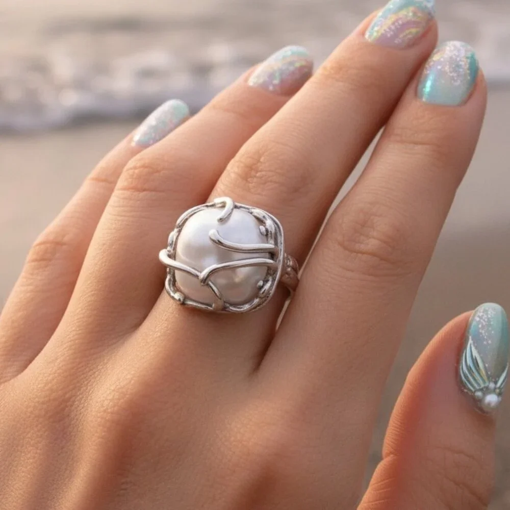 925 Sterling Silver Sculptural Faux Baroque Pearl Statement Ring Adjustable 6-9